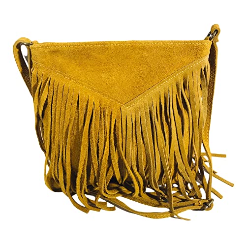 Bolso Mujer Cuero Veritable Manera Ante Italiano con bandolera Usado Hombro con flecos-Amarillo, amarillo