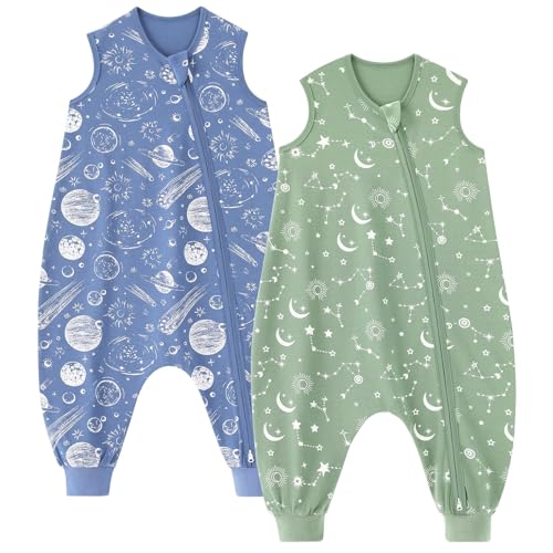 Unnivoll Baby Schlafsack mit Füßen 0,5 Tog Schlafsack Baby Sommer 2er Pack Baumwolle Schlafsack mit Beinen Babyschlafsack Weich 80 cm für Jungen Mädchen Blau Grün Sternbild