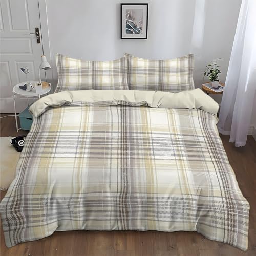 Housse de Couette 200 x 200 cm Minimaliste Géométrique Carreaux British Vintage, Parure de Lit 3 Pièces Beige en Microfibre, Linge de Lit avec Fermeture...