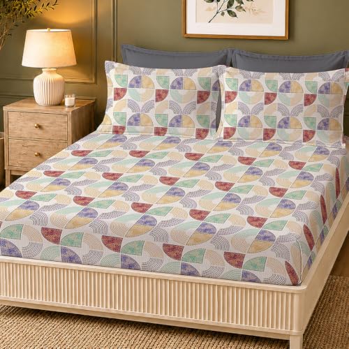 Image of LANE LINEN Symphony 100% Cotton 144TC King Bedsheet Set, 3 Piece, Printed | Printed 3-Piece Set With 1 King Fitted Bedsheet (1.83 x 1.98 M + 0.30D CM), 2 Pillow Covers, 144 TC, Soft & Breathable Cotton