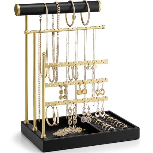 Vlando Jewelry Stand Organizer with Ring Holder Tray,3-Tier Earring Holder organizer,Necklace Holder,Large Capacity Jewelry Display Stand for Necklace