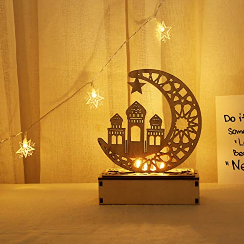 WANGCL Eid Crafts Night Light Ramadan Mubarak Lamp Decorations 3D Handmade Wooden Moon Star LED Lights Decor Gift for Muslims Home Party Supplies(Moon Palace) - Image 3