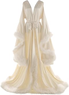 Daily Life Mall Women's Feather Bridal Robes Old Hollywood Maternity Photoshoot Nightgown Silk Bathrobe Long Lingerie