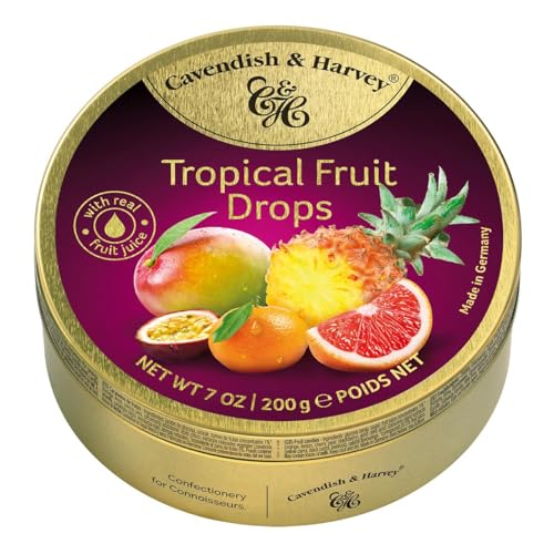 Pack of 3 Cavendish & Harvey Tropical Fruit Drops in Tin Premium Fruity Travel Sweets made with Real Fruit Juice Vegan Friendly Confectionery Hard-Boiled Candies Each H4 x 9.7cm Diameter 200g