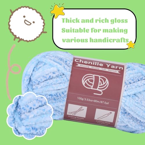 Image of LUNARM Chenille Yarn for Crochet Knitting Chunky Blanket Velvet Yarn | 3 Pack 3.5oz /100g 263 Yard Blue Gradient Chenille Yarn for Beginners Knitting Scarves with Big Eye Needles Machine Washable