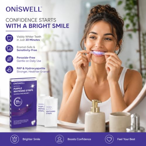 Image of Purple Teeth Whitening Strips (7 Strips) | Peroxide-Free & Sensitivity-Free Enamel-Safe Oral Care with PAP & Hydroxyapatite | Self-Dissolving Strips for Yellow Stain Removal For Men & Women