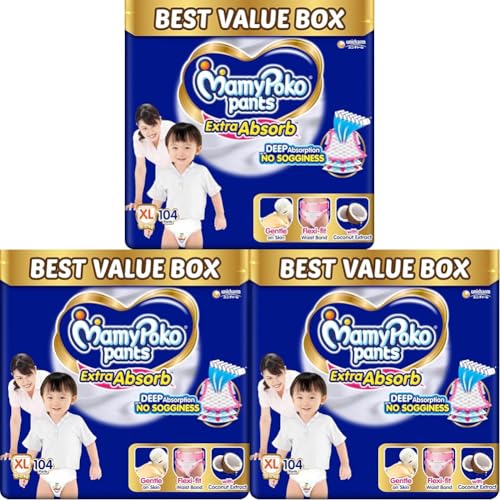 Image of MamyPoko Pants Extra Absorb Baby Diapers, Extra Large (XL size) 12-17 kg 104 Count |Deep Sleep DiapersSoft gentle fit |Deep Absorbent Crisscross skin friendly with coconut oil (52 count, Pack of 6)
