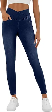 COPYLEAF Stretchy Jeans for Women Trendy Butt Lifting Leggings with Pockets Crossover Waisted Jeggings Pull on Skinny Jeans