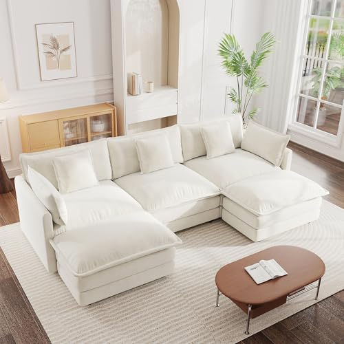 mikibama Modular Sectional Sofa, 111.5 Inch U Shaped Couch Set for Living Room, 3-Seater Comfy Cloud Couches with Movable Ottoman, DIY Combination, Chenille, Beige