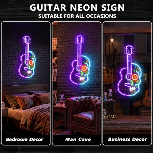 Image of Sugar Skull Guitar Neon Sign, Day of the Dead Inspired LED Neon Light, USB Powered Dimmable Music Wall Decor for Home Bar, Music Room, Bedroom, Halloween Party, Gifts for Guitar Players