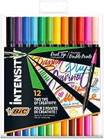 BIC Intensity Dual Tip Felt Pens and Brush Art Markers - Assorted Colours, Set of 12 Colours