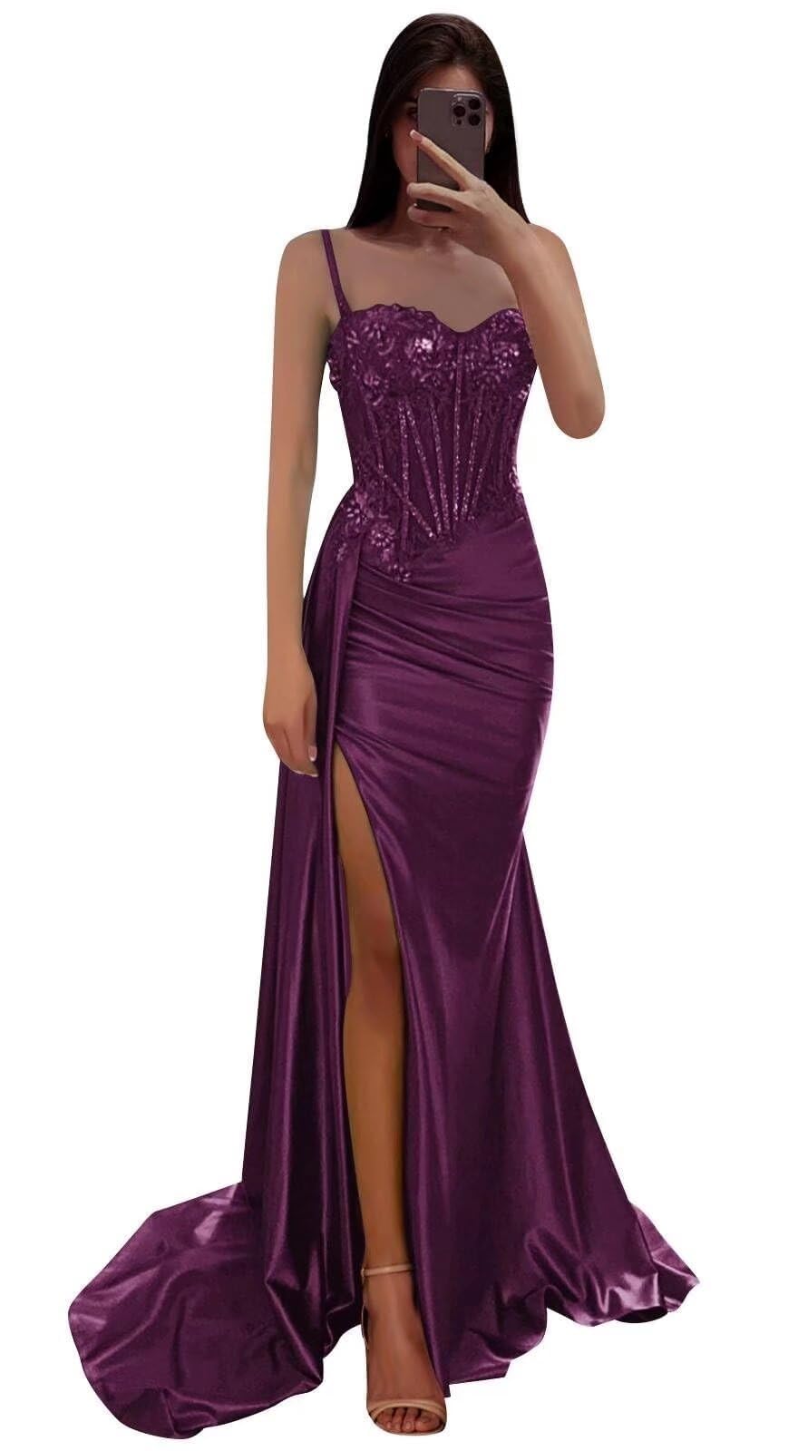 Memphty Spaghetti Straps Lace Appliques Prom Dresses 2025 Mermaid Slit Long Satin Formal Evening Pary Gowns