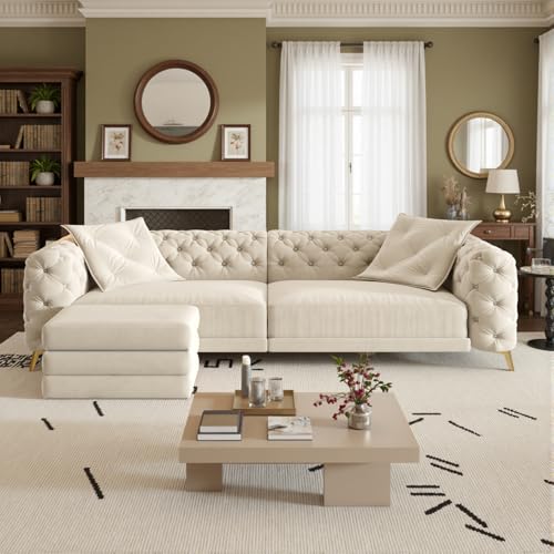 Image of KCGKCG 97.7 inch Sleeper Sofa Bed, Velvet Sectional Couches for Living Room /Bedroom, 3 in 1 Pull Out Couch Bed, Convertible Sectional Couch loveseat Sofa with Movable Ottoman, Beige