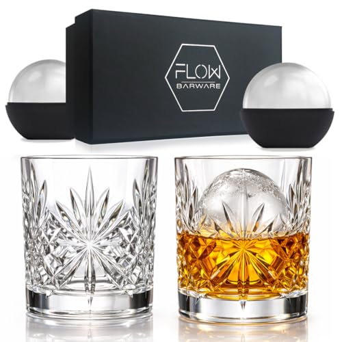 FLOW Barware Set di 2 bicchieri da whisky | Set regalo di bicchieri da whisky in cristallo | Bicchieri tumbler pesanti per Scotch, Bourbon, Negroni, Rum. Con stampi per palline di ghiaccio