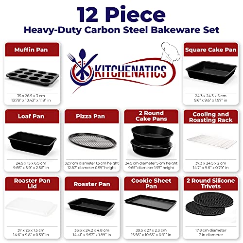 KITCHENATICS-12-PC-Carbon-Steel-Baking-Pans-Set-Nonstick-Kitchen-Essentials-for-New-Home-Nonstick-Bakeware-Sets-with-Cake-Pans-Muffin-Top-Pans-Non-Stick-Oven-Pan-Black-Stackable-Bakeware-Set KITCHENATICS 12 PC Carbon Steel Baking Pans Set Nonstick Kitchen Essentials for New Home Nonstick Bakeware Sets with Cake Pans Muffin Top Pans Non Stick Oven Pan Black Stackable Bakeware Set