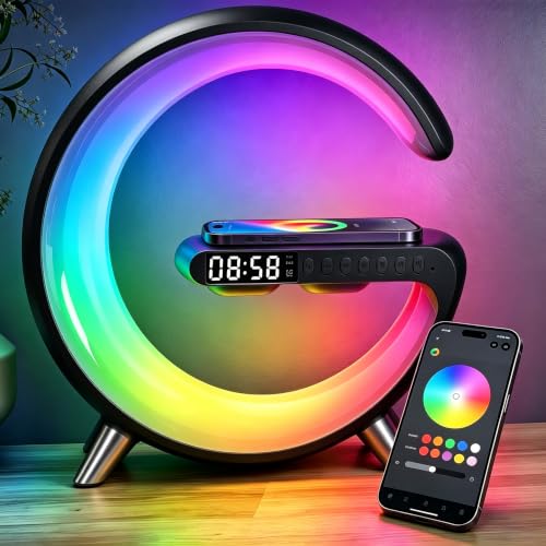 Image of 5 in 1 LED Table Lamp with Wireless Charging Bluetooth Speaker | App Controlled Night Light Alarm Clock for Christmas Birthday Gifts for Teens Adults Desk Office Bedroom Decor