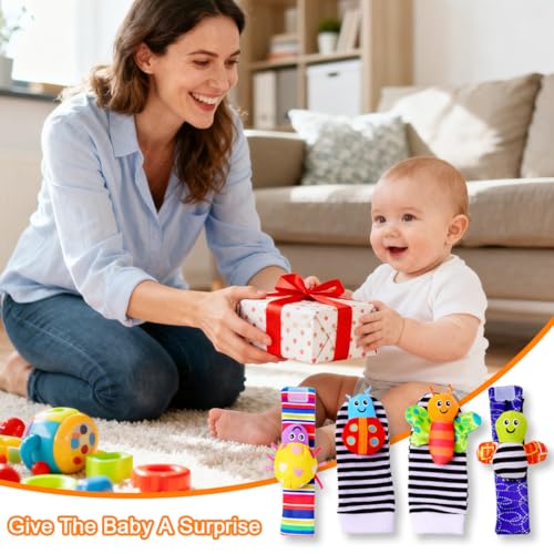 KEQAR 4 Pièces Chaussettes Hochet Bébé, Jouet d'Éveil, Bracelet et Chaussettes avec Peluche, Tissu Doux, Chaussettes Hochet Animaux pour Garçons et Filles (0-6 Mois) (A) – Image 5