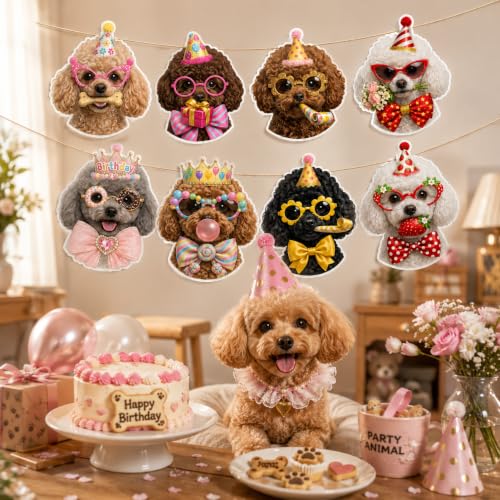 Image of Poodle Birthday Banner, Dog Party Decorations Garland Poodle Gifts | 8 Unique Poodle Faces, Pre-Strung , Ready to Hang