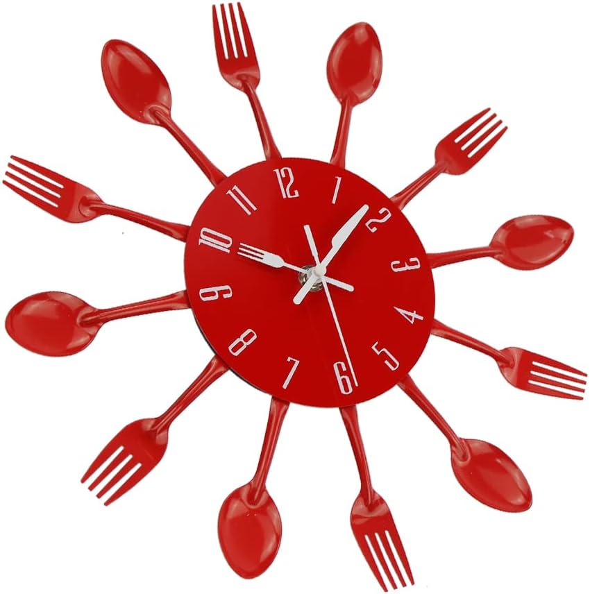 Timelike Kitchen Wall Clock, 3D Removable Modern Creative Cutlery Kitchen Spoon Fork Wall Clock Mirror Wall Decal Wall Sticker Room Home Decoration (Red) image 3