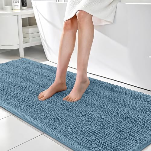 Image of OLANLY Thick Bathroom Runner Rugs 70x24, Absorbent Chenille Striped Bath Rugs, Rubber Backing, Machine Wash, Extra Long Bath Mats for Bathroom Floor, Tub and Shower, Home Decor Accessories, Airy Blue
