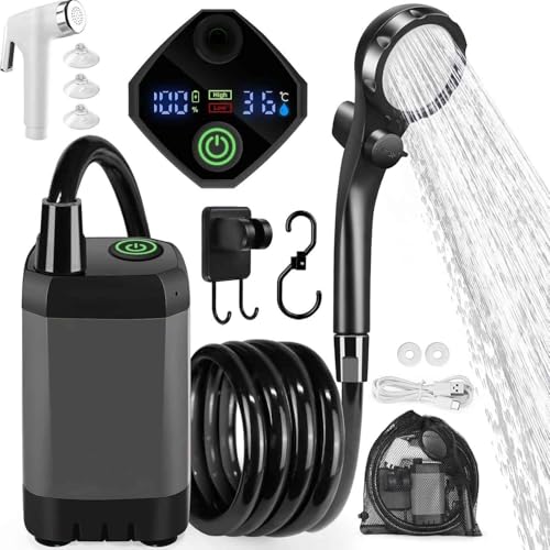 ZYNOXITY Camp Shower 6000mAh - LED Display 4 Spray Modes IPX7 Waterproof Portable Pump for Outdoor Travel Pets & Car Washing (No Heating)