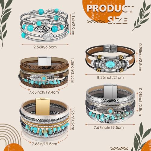 Sasylvia 6 Pcs Turquoise Bracelet for Women Leather Bracelet Western Jewelry for Women Multilayer Boho Cuff Bangle Set3