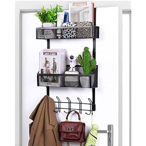 ENONCI Over The Door Hooks Organizer Hanger, Over Door Storage Rack, Towel Rack Shelf Hanger, 15 Hooks with Wire Mesh Basket Storage Rack,Stainless Steel Door Hanger for Bathroom, Kitchen, Bedroom Cover
