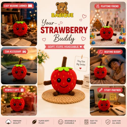 Image of Babique Strawberry Plush Soft Toy for Kids & Babies | Ultra-Soft Stuffed Fruit Soft Toy | Red | 16 cm