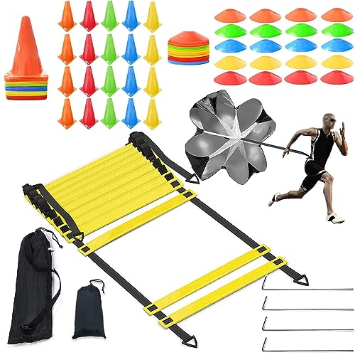 niuniaj Set de Entrenamiento de Fútbol,Agility Speed Ladder,Escalera de Agilidad(6m-12Peldaños),20Cono Deportivo,20Conos Entrenamiento,1Paracaídas de Resistencia,4 Clavos Metálicos y Bolsa