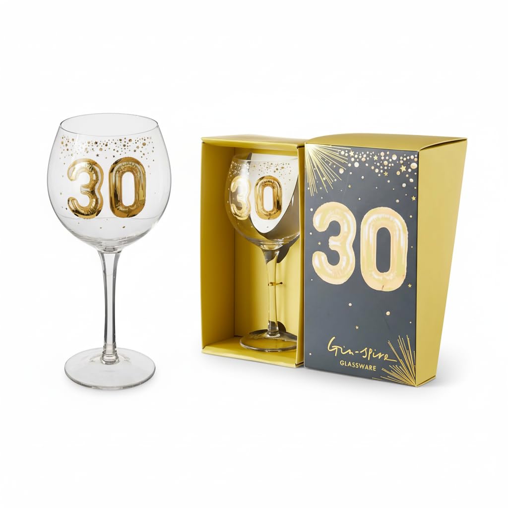 Hox 30th Birthday Gin Glass – Gold Balloon Design Gin Balloon Glass in Gift Box, Celebratory Milestone Gin & Tonic Glassware for Her or Him