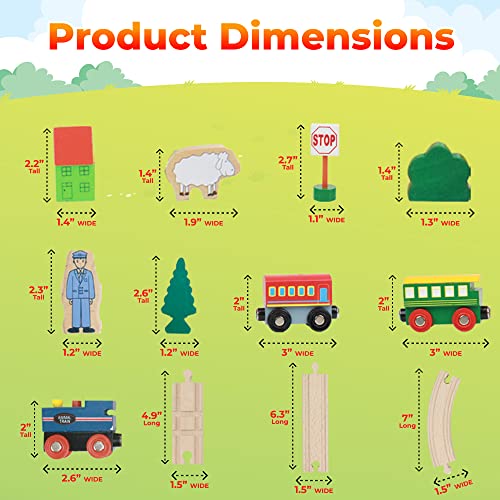 wooden train set 35 piece all in one wooden toy train tracks set with magnetic trains and railway accessories comes in a clear container compatible with all major brands