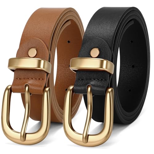 2 Packs Womens Belts for Jeans Ladies Belt for Dresses Fashion Leather Belt with Gold Buckle