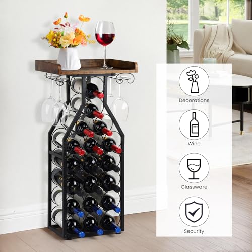 Plinthos Wine Rack Floating Shelvesr Versatile Liquor Stand for Home Bar Mini Bar Table Wine Holder Stand Liquor Cabinet with Glass Holder Wood Tabletop 19 Bottles Floor Dining Room, Living Room