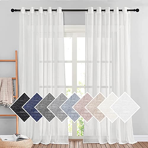 NICETOWN Privacy White Sheer Linen Curtains 96" L, Grommet Semi Sheer Linen Elegant Vertical Drapes with Light Filtering Window Treatments for Farmhouse/Porch, 140" W Total 2 Panels