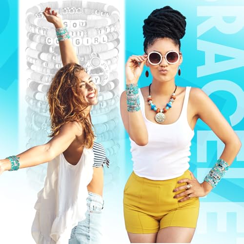 64 Pcs Western Cowgirl Turquoise Beaded Bracelets Set Bohemia Stretch Charm Natural Stackable Party Favor Bracelet Pack Beach Western Jewelry for Summer Women Goody Bag Fillers Party Favors4