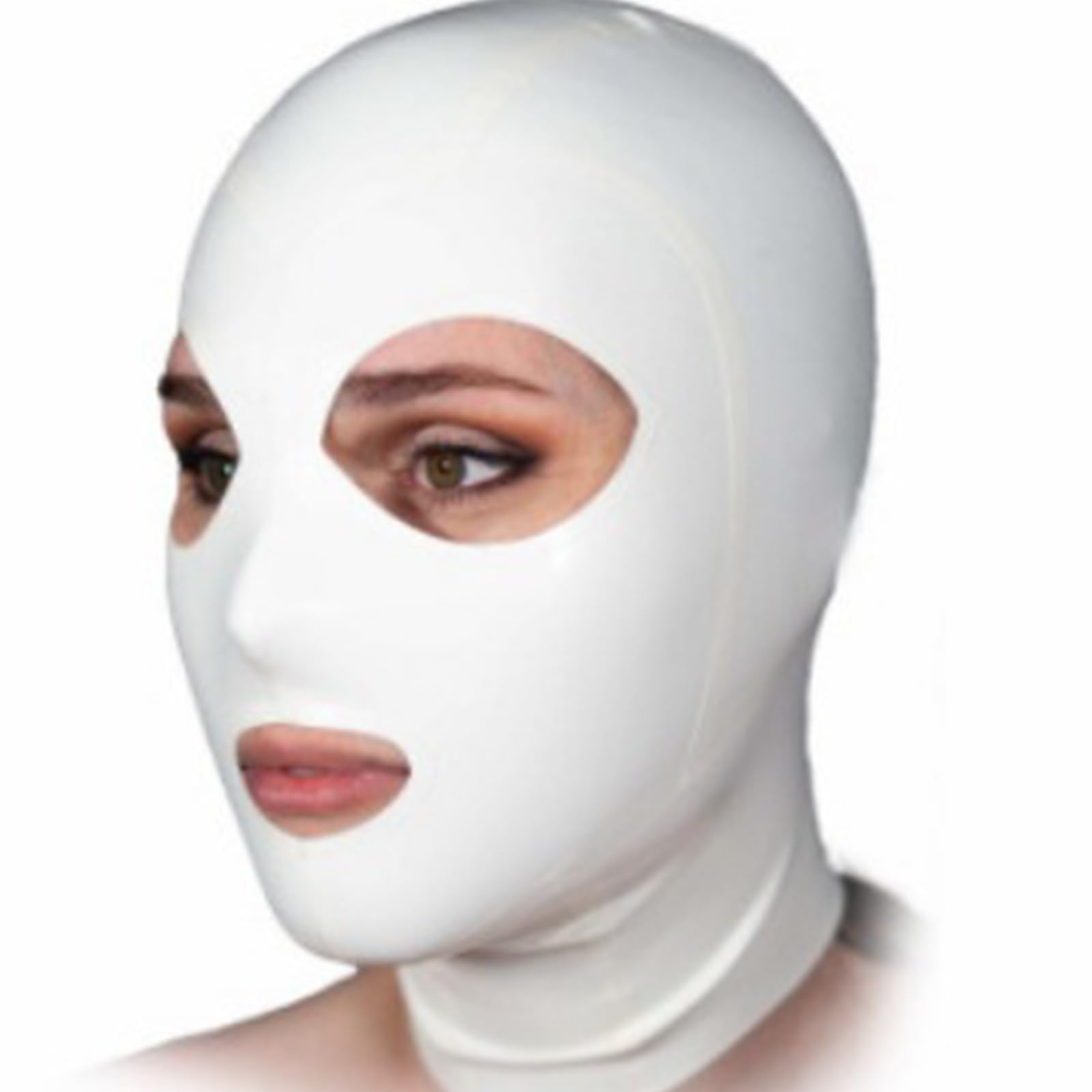 DSPENGS Latex Hood Mask White Hood Mask Back Zipper Exposed Eyes for BDSM Party Club Wear Unisex Halloween(Size:M-65CM)