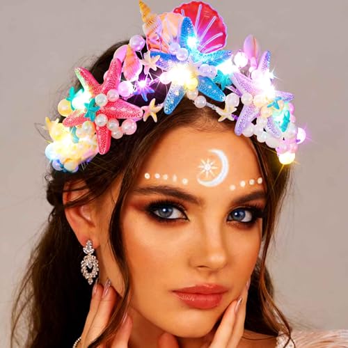 Fashband LED-Diademe und Kronen im Boho-Stil mit Seesternen, leuchtende farbige Muschel-Stirnbänder für die Braut, Seestern-Kopfbedeckung für Strandhochzeiten für Damen