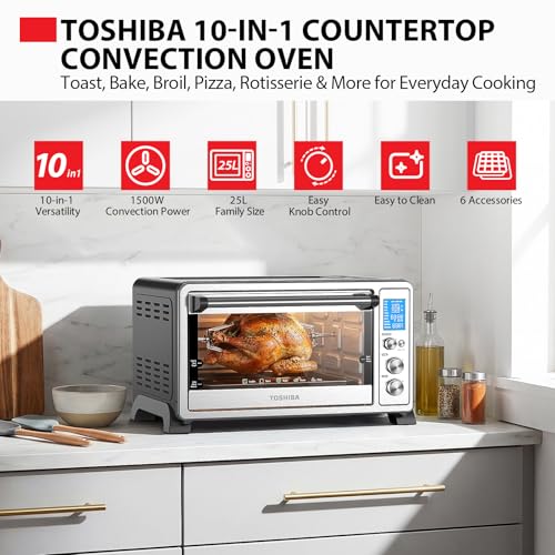Image of TOSHIBA 10-in-1 Convection Toaster Oven, 6-Slice Countertop Oven, 1500W with Toast, Bake, Broil, Rotisserie & Pizza Functions, LCD Knob Controls, 6 Accessories, Stainless Steel