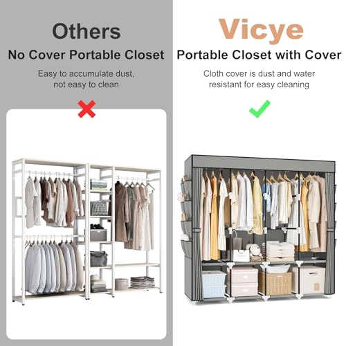 Image of Vicye Black Fabric Wardrobe Closet Wardrobe Closet with Cover 3 Clothes Rails