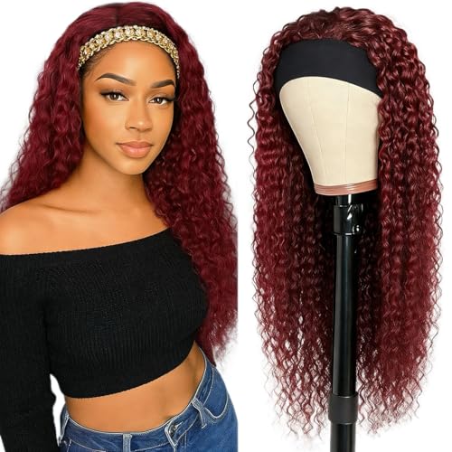 Image of XSY Headband Wig Human Hair 99J Burgundy Deep Wave None Lace Front Wig Human Hair Wigs for Black Women Glueless Wear Go Brazilian Virgin Hair (20inch,Red Burgundy)