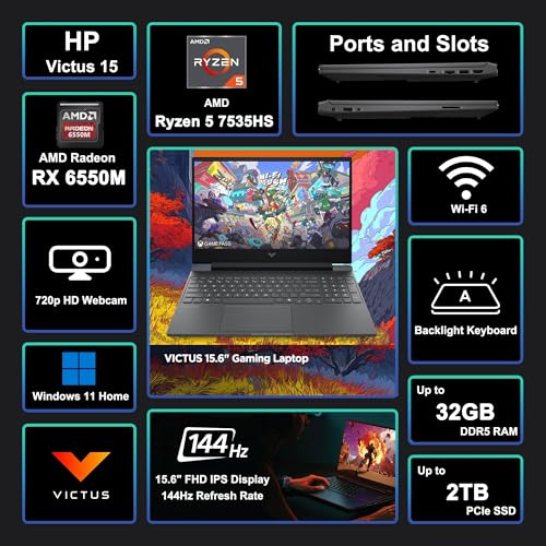 Image of HP Victus 15 Gaming Laptop 15.6 inch FHD IPS 144Hz (AMD FreeSync Premium) AMD 6-core Ryzen 5 7535HS 8GB DDR5 512GB SSD Radeon RX 6550M (>RTX3050) Backlit USB-C Fast Charging Win11 ICP Printer Cable