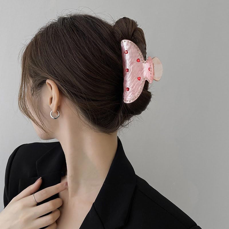 1 Pack Valentine's Day Hair Claw Clips Pink Hair Clips with Red Heart Rhinestone Valentines Hair Accessories Fashion Strong Hold Hair Claw Clips Crystal Diamond Unique Design Claw Clips for Women Girl - Image 6