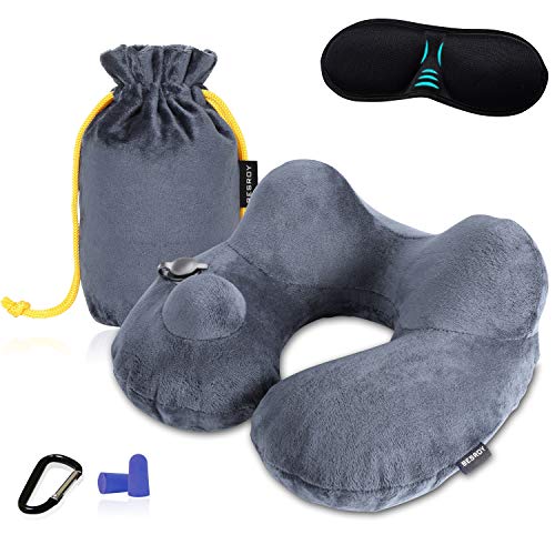 Preisvergleich Produktbild BESROY Beesroy aufblasbares Nackenkissen - Luxuriös weicher, waschbarer Bezug kompakter Packsack Reiseklammer Leichte Unterstützung im Flugzeug, Auto, Zug, Bus Zuhause - Grau Medium grau
