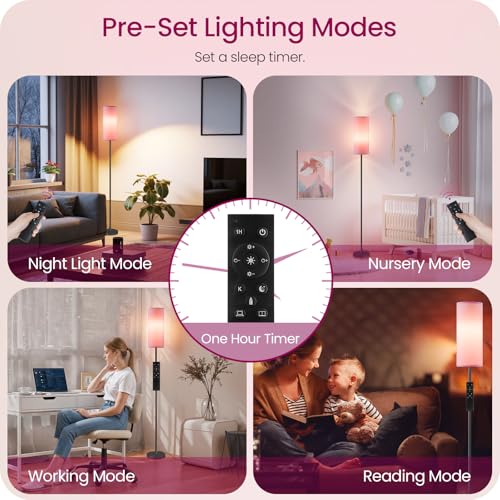 Image of Dimmable Pink Floor Lamp for Living Room with Remote and Foot Switch, Corner Floor Lamp for Bedroom, 64.4 inch Standing Tall Lamp, 10W 900LM Bulb Included, 3000K-6500K, Linen Shade, FCC Listed P06LD05W1