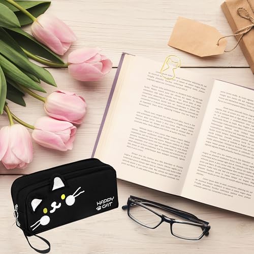 Image of Cat Pencil Case,Kawaii Large Capacity Protable Pencil Pouch Stationery Pen Bag with 5pcs cat bookmarks paper clips Big Storage Organizer for School Office Supplies (Black)