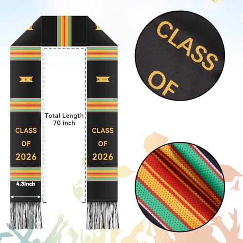 Image of Graduation Kente Stole CLASS OF 2026 Graduation Ghanaian Style Black Sash African Grad Stole for College Unisex Celebrate