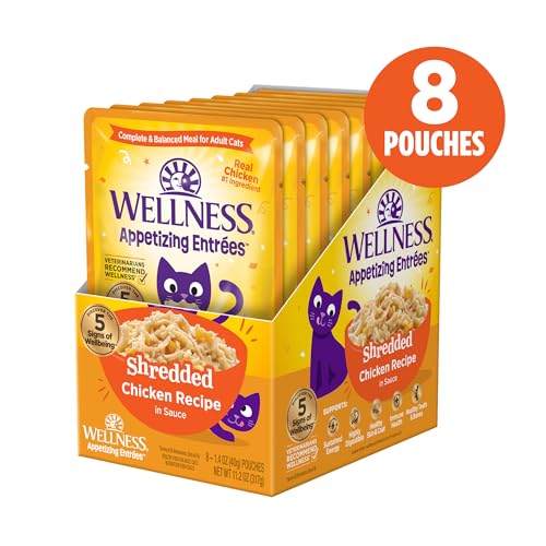 Image of Wellness Appetizing Entrees Shredded Adult Wet Cat Food, Natural, Protein Rich, Grain Free, Chicken Recipe, 1.4 oz, Pack of 8 Pouches