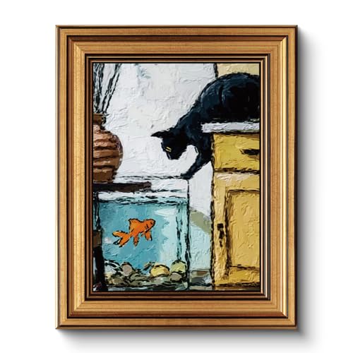Playful Vintage Animal Illustration Black Cat and Goldfish Wall Art 8x10