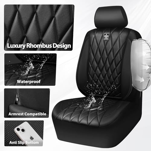 Image of CAR PASS Piping Luxury Faux PU Leather Two Front Car Seat Covers, Waterproof Anti Slip Seat Covers Compatible with Front Seat Armrests,Universal Fit for Suvs,Vans,Trucks, Airbag Compatible(All Black)