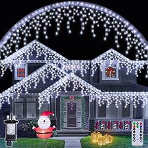 Ollny Icicle Lights Outdoor – 396 LED 10M Christmas Lights Mains Powered, Warm White Drop Fairy String Outside Lights…